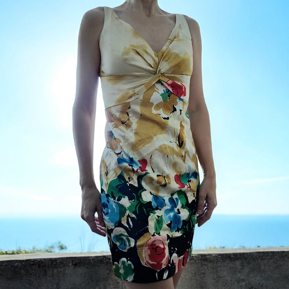 David Meister Yellow Floral cocktail dress Stretch Silk Sz.S Summer Party